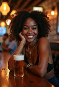 woman in a busy bar drinking beer. holding an intact pint glass mug of beer