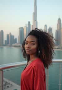 woman standing in front of city skyline viewpoint in Dubai with city skyline in background