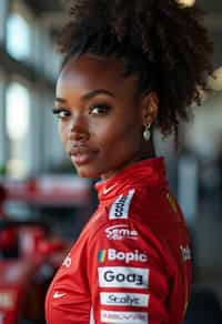 Ultra realistic photograph of woman as Formula 1 race driver