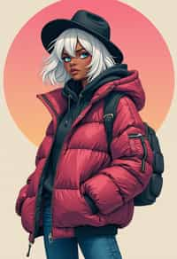 full body of a street punk woman student, blue eyes, bubble jacket, hat, white hair by atey ghailan, by greg rutkowski, by greg tocchini, by james gilleard, by joe fenton, by kaethe butcher, gradient pink, black, brown and light blue color scheme, grunge aesthetic