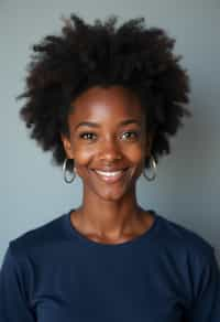 woman as official passport photo for government documents. wearing a dark blue navy t-shirt. photorealistic. light gray background. entire face visible. entire head visible