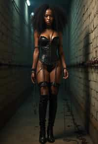 gothic woman, bound by chains and barbed wire in a dungeon, very tight corset, high heels