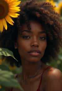 Close face shot of a woman with a sunflower in hair, summer season, moody scene,, intricate, sharp details, summer vibe, gorgeous scene by gaston bussiere, craig mullins, somber lighting, drawn by giacomo burattini, inspired by graphic novel cover art, hyperrealistic, 8 k by rhads