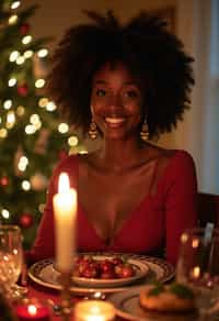 woman at Christmas dinner wearing Christmas style clothes. Christmas tree in background. Christmas lights