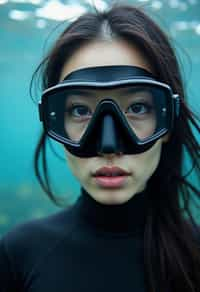 woman as a scuba diver wearing diving goggles and wearing a wetsuit