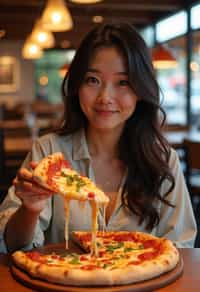 woman sitting in a restaurant eating a large pizza