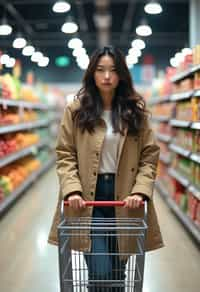 woman in Supermarket walking with Shopping Cart in the Supermarket Aisle. Background of Supermarket