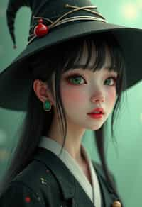 woman as the personification of the Halloween holiday in the form of woman with a villain's smile, (cute)cute hats, cute cheeks, unreal engine, highly detailed, artgerm digital illustration, woo tooth, studio ghibli, deviantart, sharp focus, artstation, by Alexei Vinogradov bakery, sweets, emerald eyes