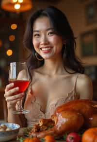 woman celebrating Thanksgiving with cocktail and turkey meat in background