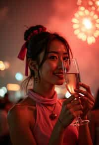 woman celebrating New Year's Eve with champagne and Fireworks in background