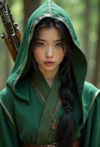 woman as a Medieval Elf Archer Warrior in Green Robe