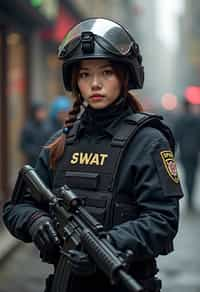 woman as a SWAT Officer. wearing black swat vest, swat helmet, holding pdw