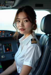 woman as a Airline Pilot inside the Cockpit with white shirt Pilot Uniform