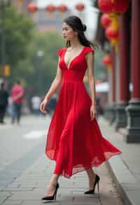 woman in red  dress showing cleavage walking on the curb in black  high heels