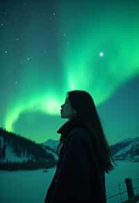 woman at night at the Northern Lights Aurora Borealis