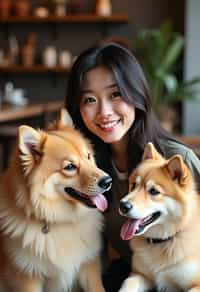 woman in a Dog Cafe with many cute Samoyed and Golden Retriever dogs