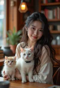 woman in a Cat Cafe with many cute Cats and Kittens around them