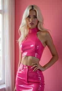 woman  as very sexy Barbiecore style, wearing hot pink shiny latex mini skirt, hot pink shiny latex crop top, hot pink heels, platinum blonde hair