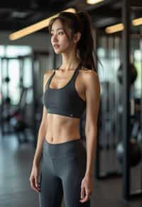 woman in  dark gray yoga pants and sports top in the fitness gym working out