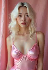 woman as with platinum blonde hair and pink latex skirt