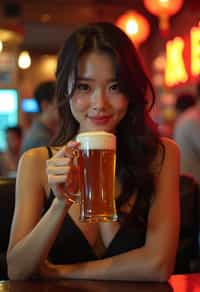 woman in a busy bar drinking beer. holding an intact pint glass mug of beer