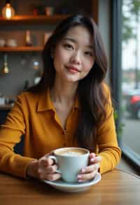  woman in hipster coffee place with coffee cup on table