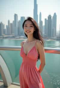 woman standing in front of city skyline viewpoint in Dubai with city skyline in background