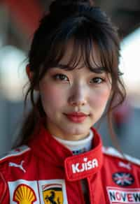 Ultra realistic photograph of woman as Formula 1 race driver