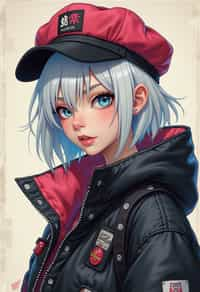 full body of a street punk woman student, blue eyes, bubble jacket, hat, white hair by atey ghailan, by greg rutkowski, by greg tocchini, by james gilleard, by joe fenton, by kaethe butcher, gradient pink, black, brown and light blue color scheme, grunge aesthetic