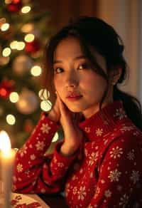 woman at Christmas dinner wearing Christmas style clothes. Christmas tree in background. Christmas lights