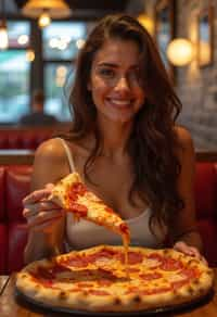 woman sitting in a restaurant eating a large pizza