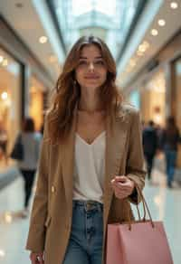 woman walking in a shopping mall, holding shopping bags. shops in background