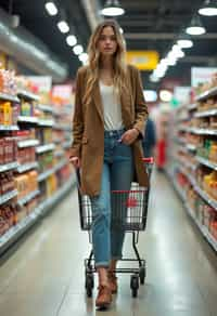 woman in Supermarket walking with Shopping Cart in the Supermarket Aisle. Background of Supermarket