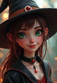 woman as the personification of the Halloween holiday in the form of woman with a villain's smile, (cute)cute hats, cute cheeks, unreal engine, highly detailed, artgerm digital illustration, woo tooth, studio ghibli, deviantart, sharp focus, artstation, by Alexei Vinogradov bakery, sweets, emerald eyes