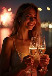 woman celebrating New Year's Eve with champagne and Fireworks in background