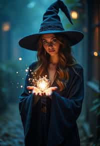 woman as a Wizard with a Wizard robe and big hat, crystal magic, dramatic light