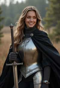 happy woman as a Medieval Knight in silver armor, wearing a black elegant cape flowing in the wind, the knight holds a sword in one hand