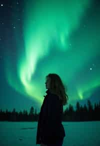 woman at night at the Northern Lights Aurora Borealis