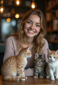 woman in a Cat Cafe with many cute Cats and Kittens around them