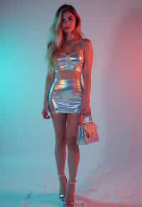 woman in holographic style, wearing  holographic shiny mini skirt, holographic shiny crop top, holographic shiny purse, holographic heels, holographic hair