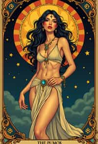 illustration of woman as Mythical Tarot Cardin the style of moebius and mohrbacher and rossdraws and ross tran and alphonse mucha and ayami kojima, pixar style, maya engine, splash comics style, tarot card style, art nouveau, rich bright colours