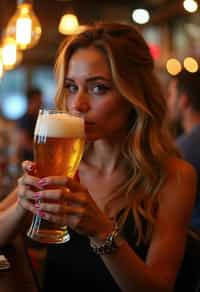 woman in a busy bar drinking beer. holding an intact pint glass mug of beer