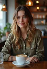  woman in hipster coffee place with coffee cup on table