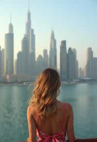 woman standing in front of city skyline viewpoint in Dubai with city skyline in background