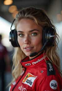 Ultra realistic photograph of woman as Formula 1 race driver