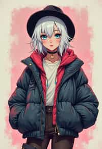 full body of a street punk woman student, blue eyes, bubble jacket, hat, white hair by atey ghailan, by greg rutkowski, by greg tocchini, by james gilleard, by joe fenton, by kaethe butcher, gradient pink, black, brown and light blue color scheme, grunge aesthetic