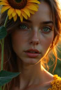 Close face shot of a woman with a sunflower in hair, summer season, moody scene,, intricate, sharp details, summer vibe, gorgeous scene by gaston bussiere, craig mullins, somber lighting, drawn by giacomo burattini, inspired by graphic novel cover art, hyperrealistic, 8 k by rhads