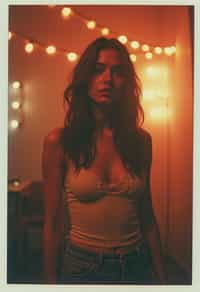 Dreamy polaroid instax photograph of woman in the backrooms, many lights in background