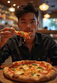 man sitting in a restaurant eating a large pizza