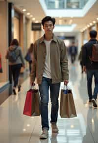 man walking in a shopping mall, holding shopping bags. shops in background